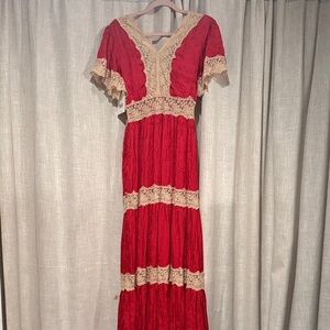 Free People Red and Beige Lace Maxi Dress